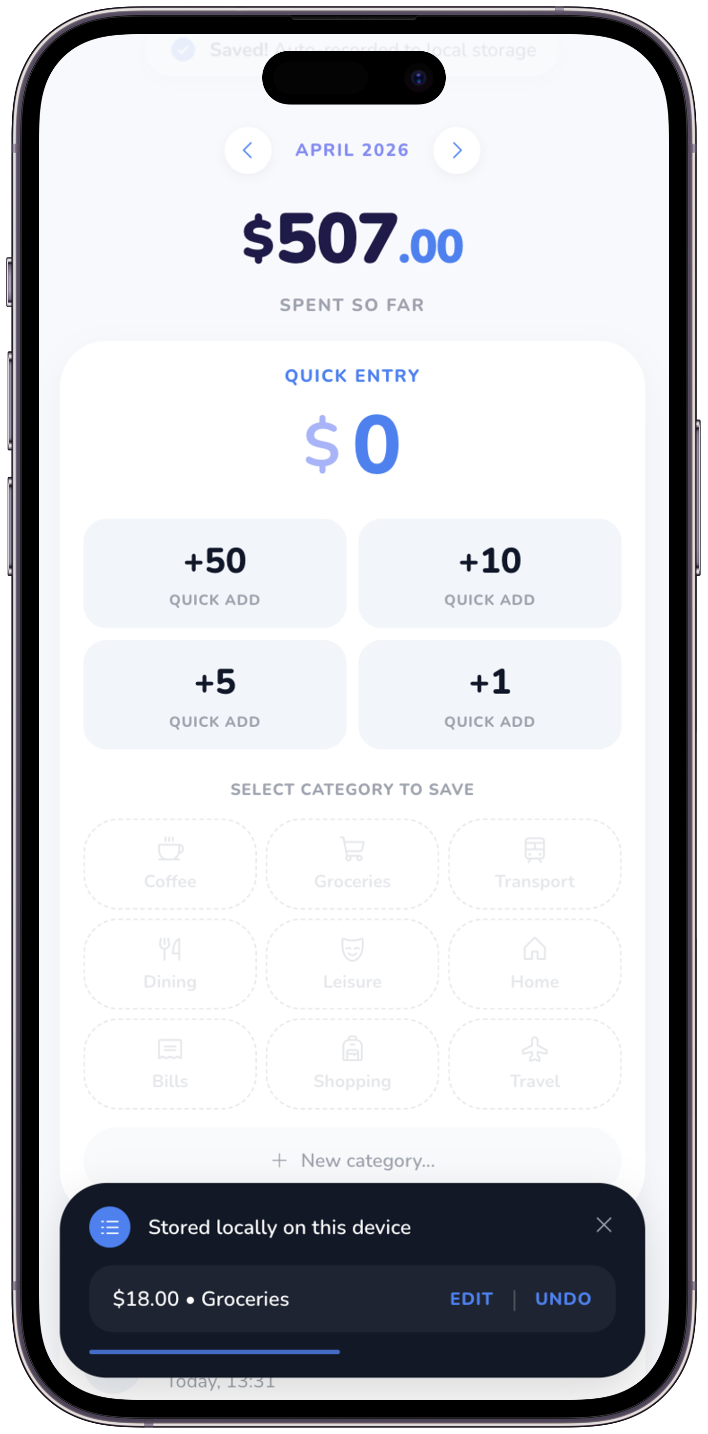 Expense saved and stored locally, with undo and edit options